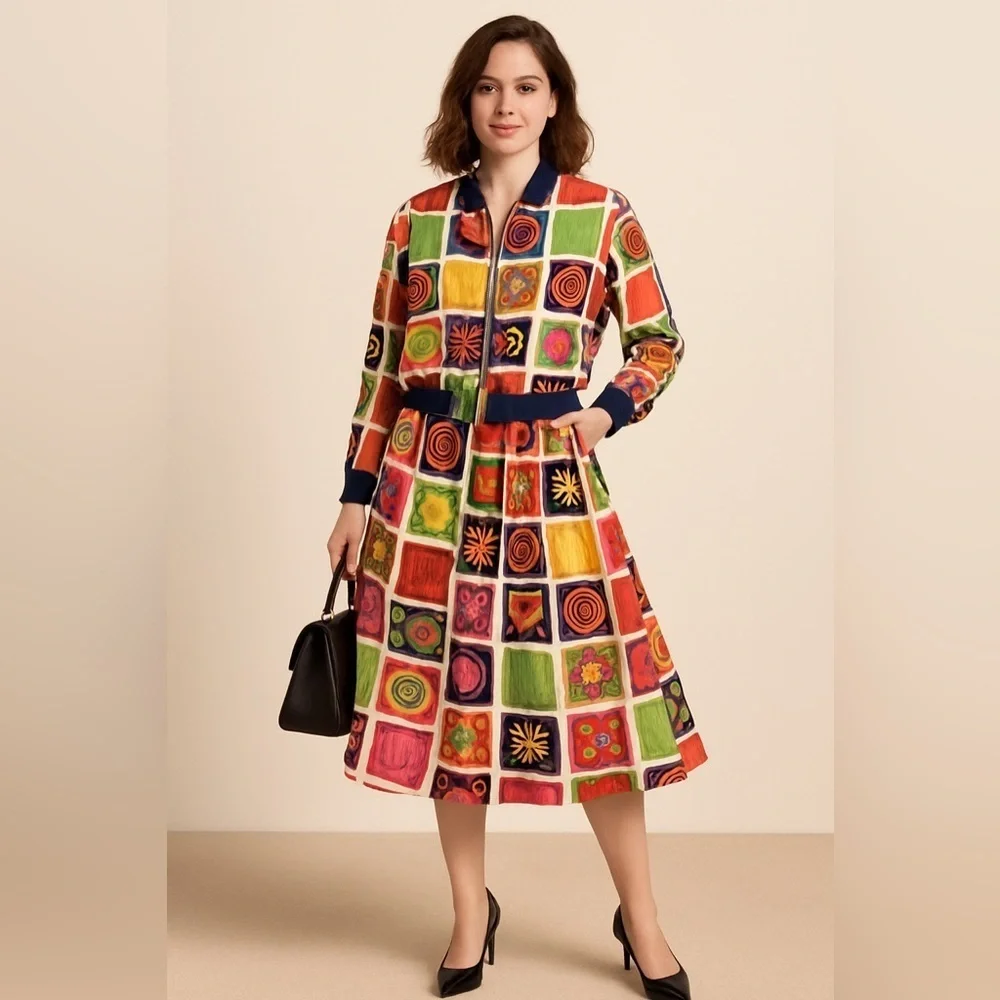 Chaus Women’s vintage retro 80’s abstract colorblock bomber jacket/skirt set Lrg